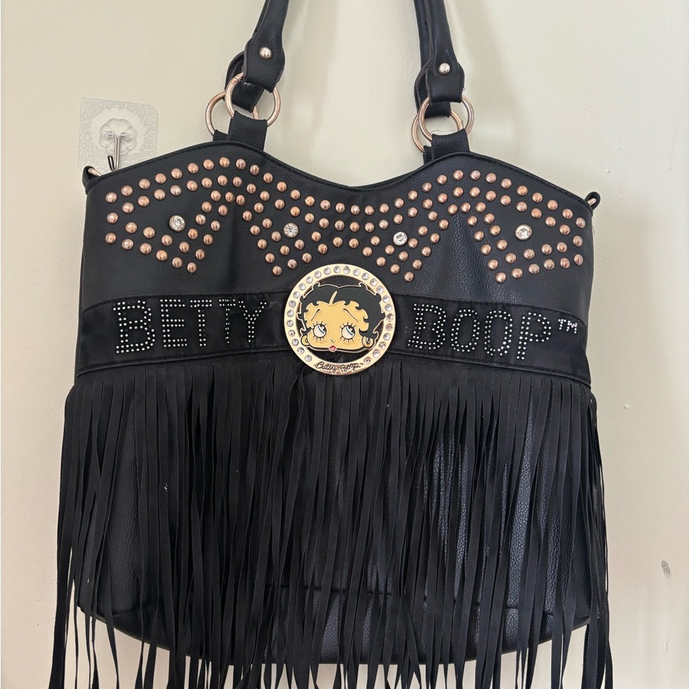 Betty Boop Black and Gold Studded Fringe Bag